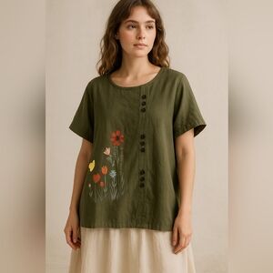 Women’s Size XL Olive Green Floral Button Blouse Art Print Garden Top Side Slits